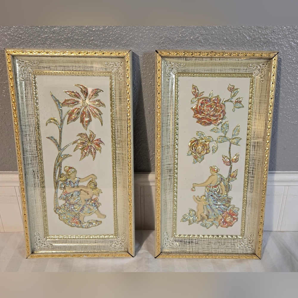 Vintage Four Seasons by MetalCraft MCM 3D Floral/Woman & Man - Art Set of 2